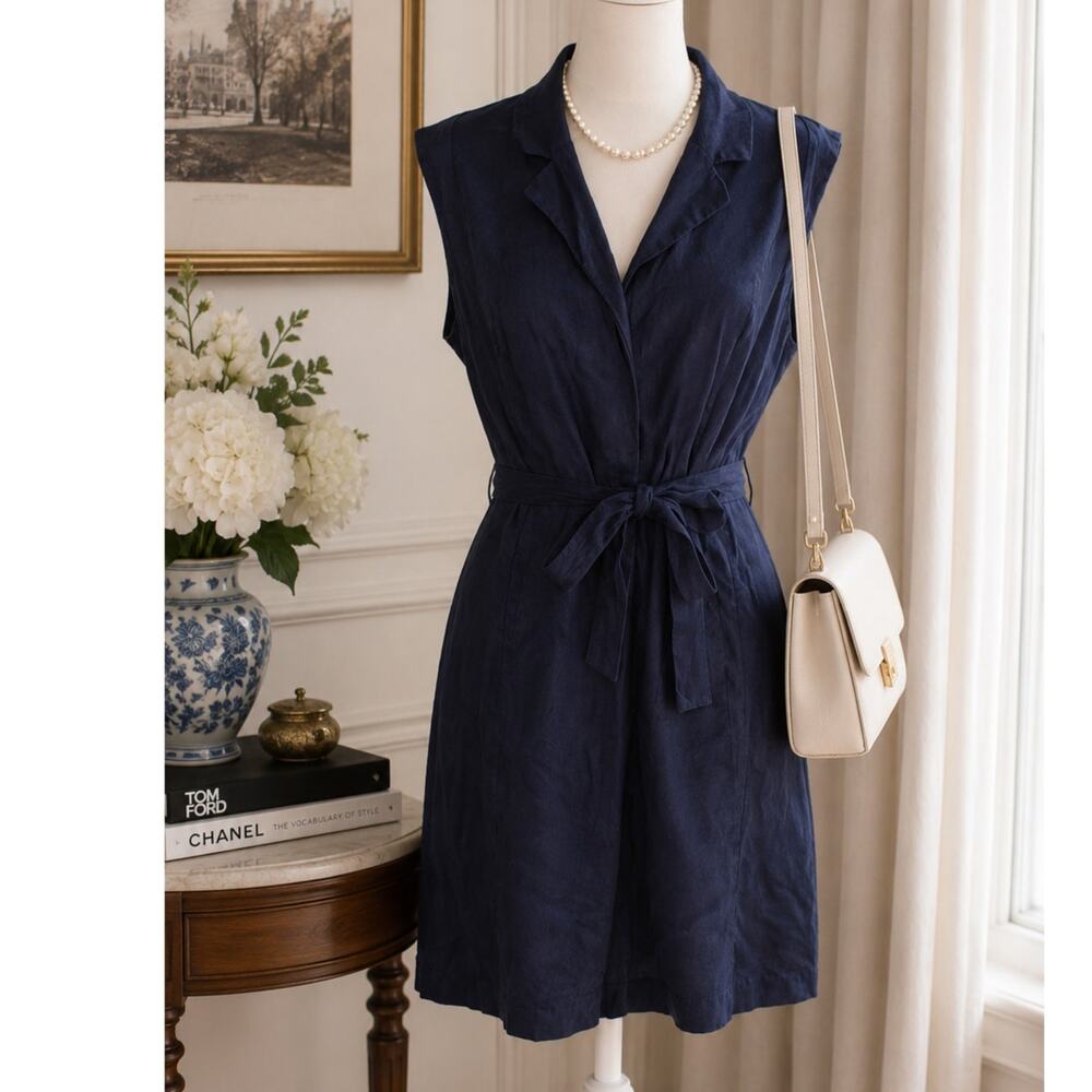H Halston Linen blend utility shirt dress belted size 12 Navy blue old money